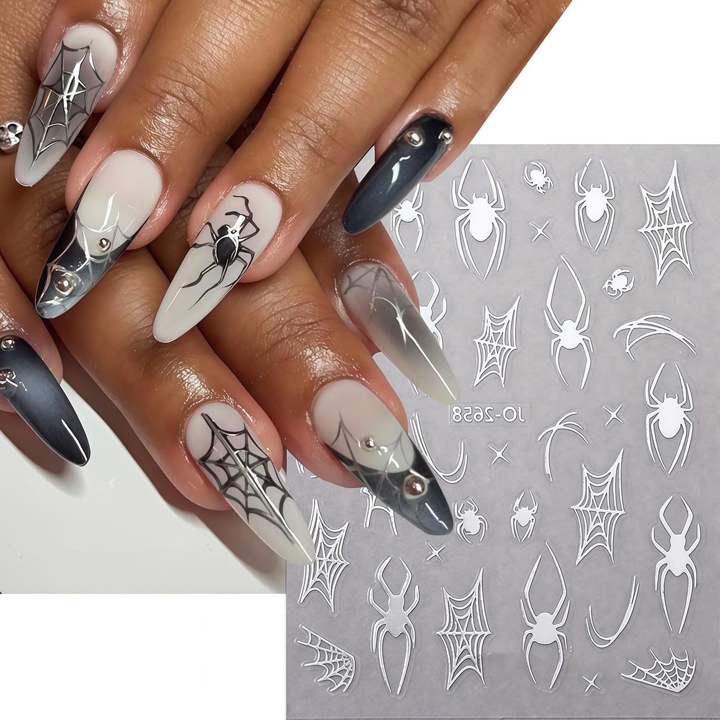 Spider Nail Art Stickers 3D Self-Adhesive Black White Red Silver Spiders Spider Web Star Nail Design Decals Halloween Nail Stickers DIY Holiday Manicure Decoration for Salon Acrylic Manicure 6 Sheets