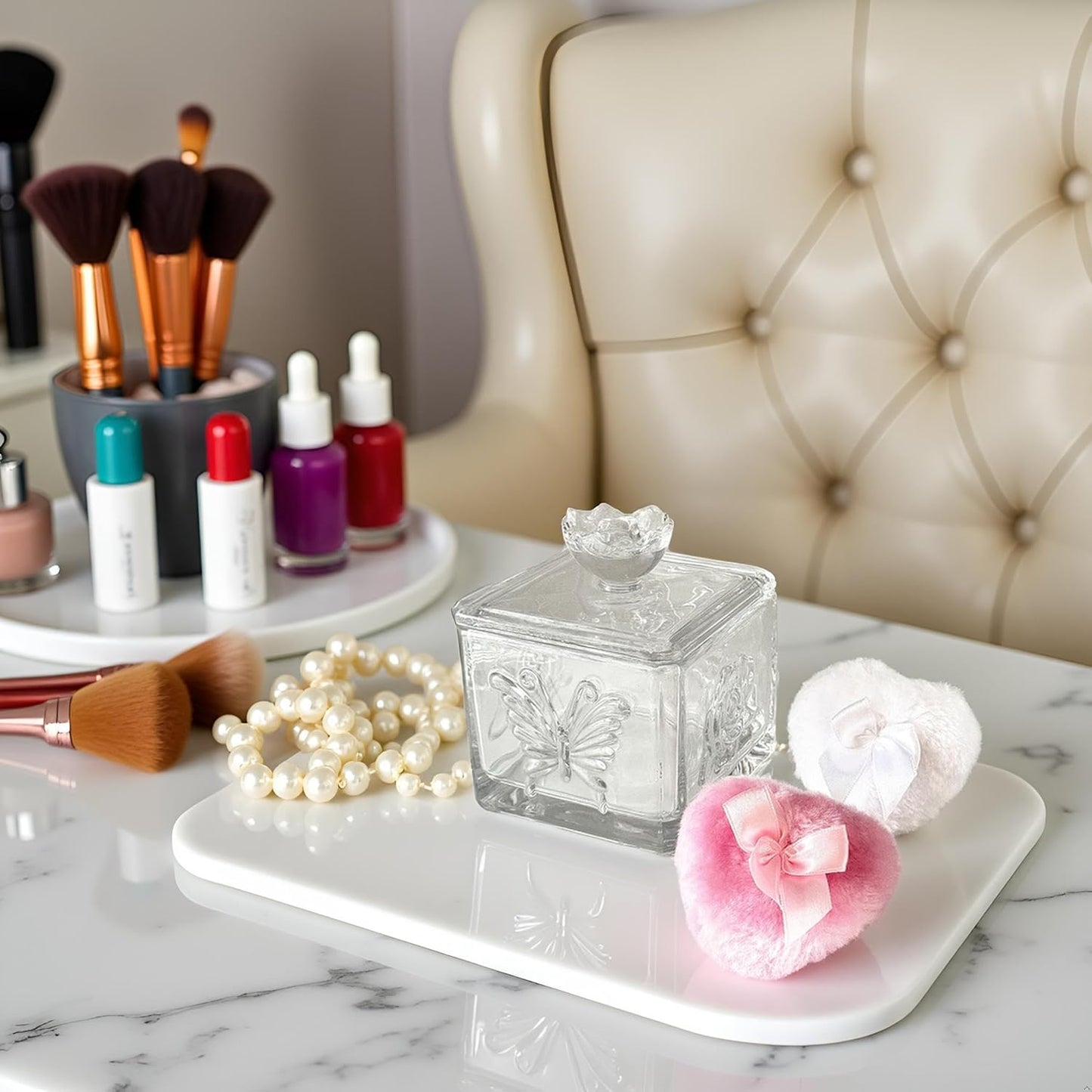 Body Powder Puff and Container - Glass Dusting Powder Container with 2 Soft Puffs – Vintage Powder Puff Case for Women & Girls (3.74x3.74x4.53 H IN) - GRB013-Transparent