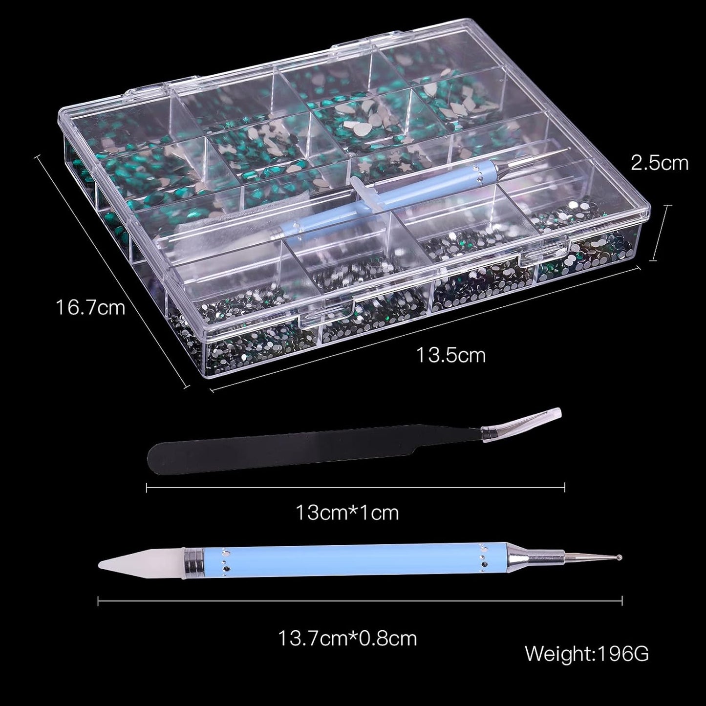 3320Pcs Green Nail Art Rhinestones Crystal,HOINCO 3D Rhinestones Gems Jewels Diamond,24 Types of 320 Diamonds + 3000 Round Beads, Crystals 3D Flat Back Gemstones for Nail DIY Crafts with Tweezers Pen