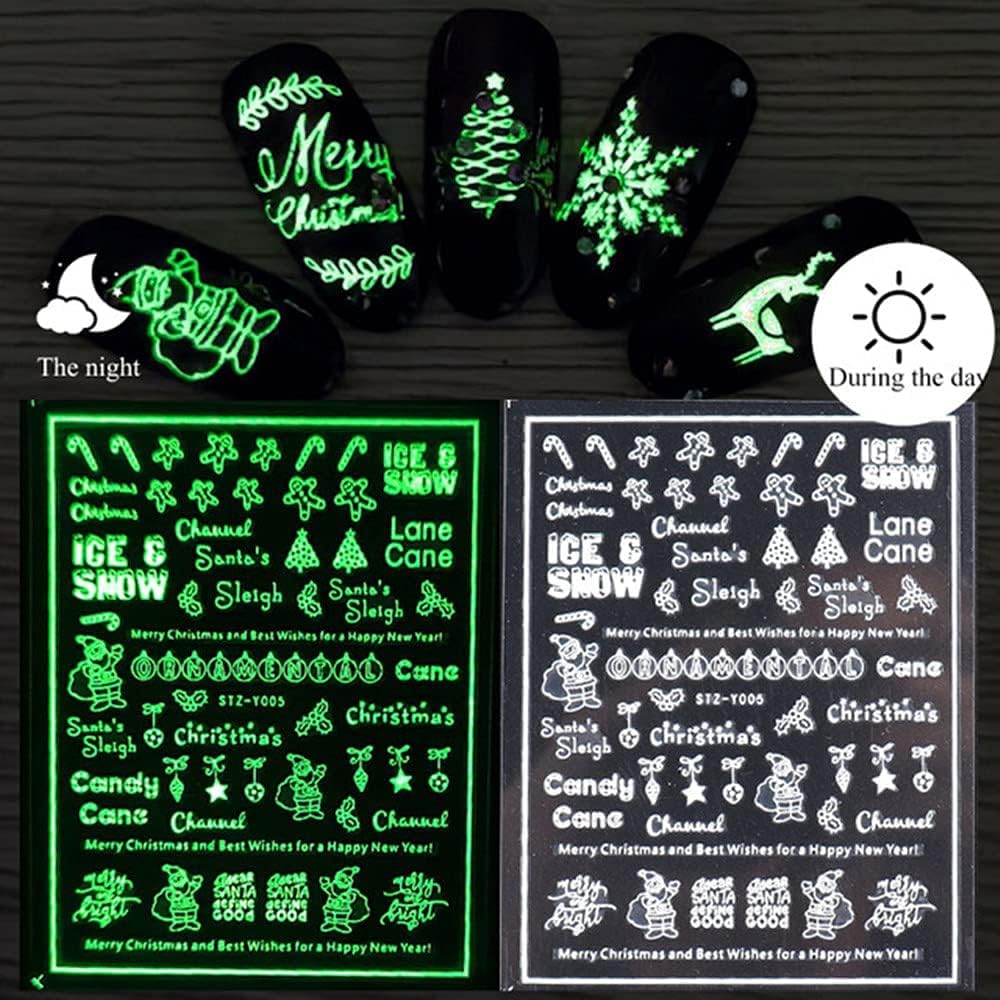 9 Sheets Christmas Glow in The Dark Nail Art Stickers Decals Self-Adhesive Pegatinas Uñas Navidad Winter Holiday Xmas Snowflake Nail Supplies Nail Art Design Decoration Accessories