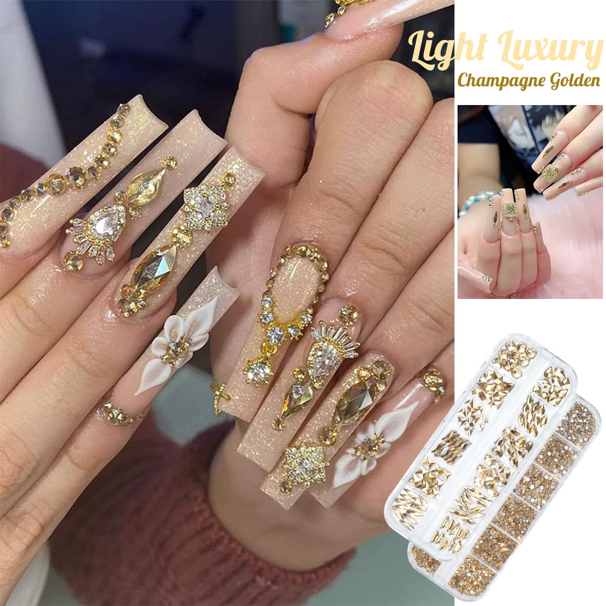 4080Pcs Champagne Golden Nail Rhinestones Flatback Gold Crystals Gems Round Beads K9 Glass Stones Diamonds Jewels Nail Art Supplies Nail Charms Supplies for Nails Faces Eyes Makeup Body Beauty
