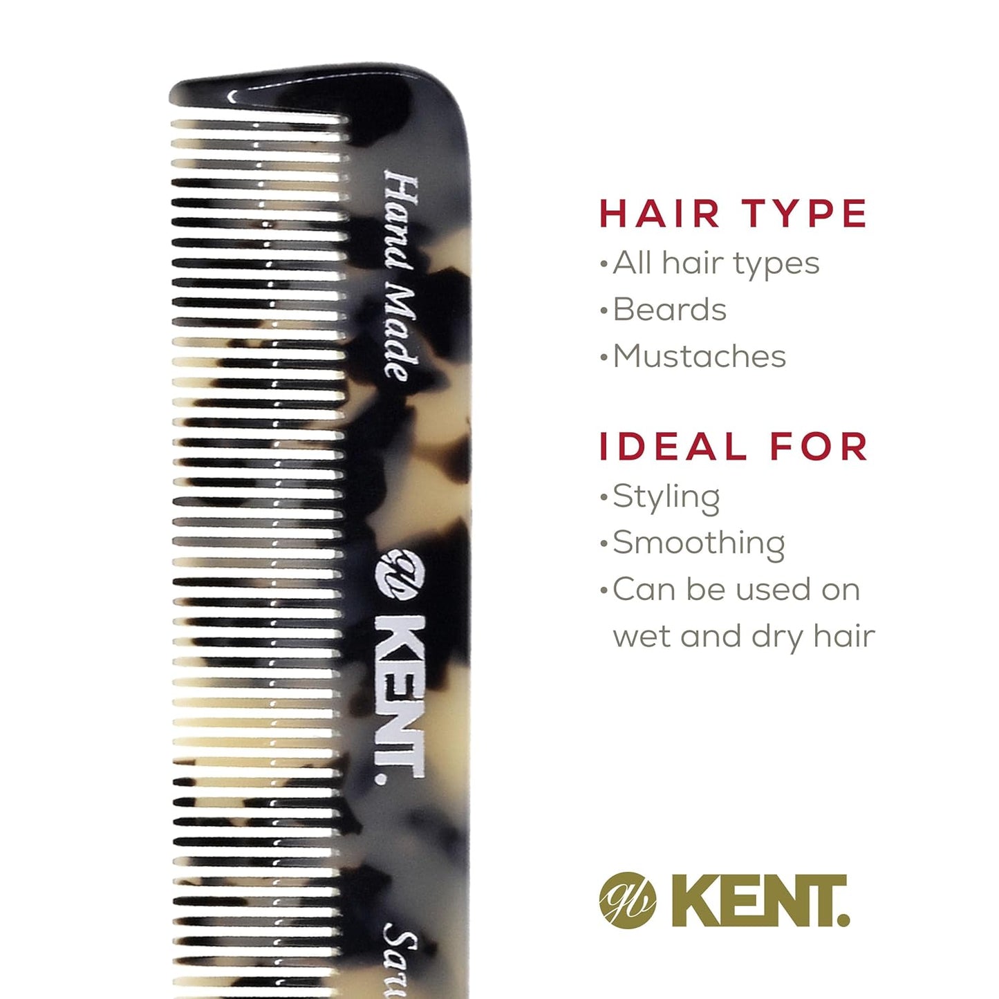 Kent FOT Tokyo White Fine Tooth Comb for Men - Handmade Pocket Comb for Travel, Styling, Fine or Thinning Hair, Mustache and Beard Care Handpolished Saw-Cut Made in England