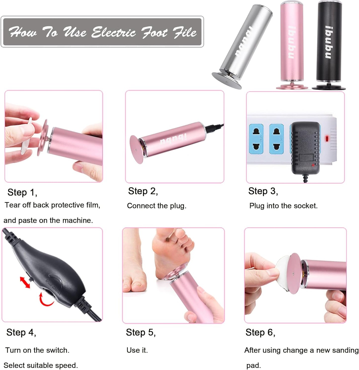 Electric Foot Callus Remover Pink Professional Powerful Foot File Pedicure Grinder Sanders with 60PCS Replacement Sandpaper Discs Heel Scraper for Dead Dry Crack Skin Calluses Speed Adjustable