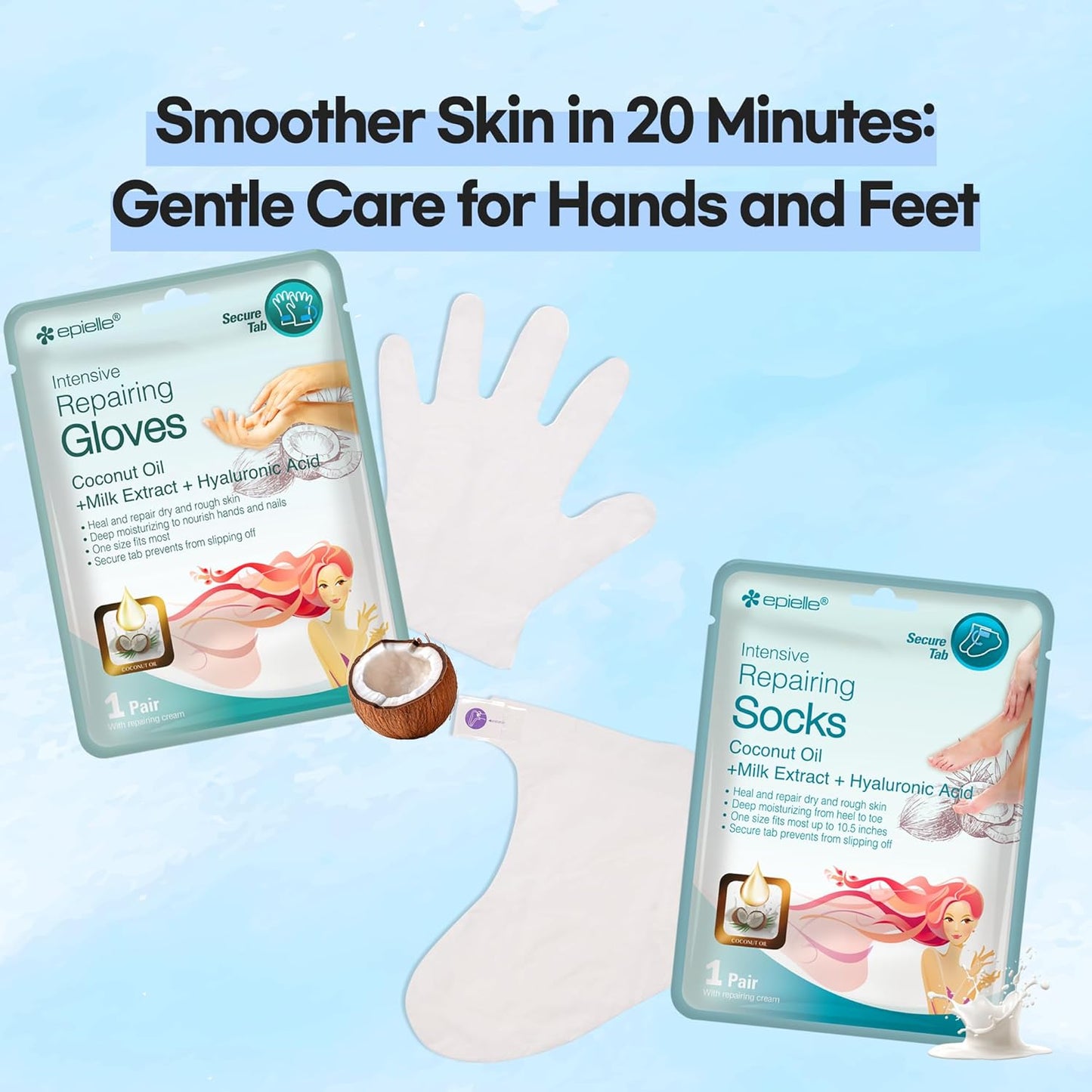 Epielle Intensive Repairing Hand & Foot Masks (6 Gloves & 6 Socks), Repair and Moisturize Dry Hands & Cracked Heels with Coconut Oil & Milk Extract, Korean Skin Care, Spa Self Care Gifts for Women