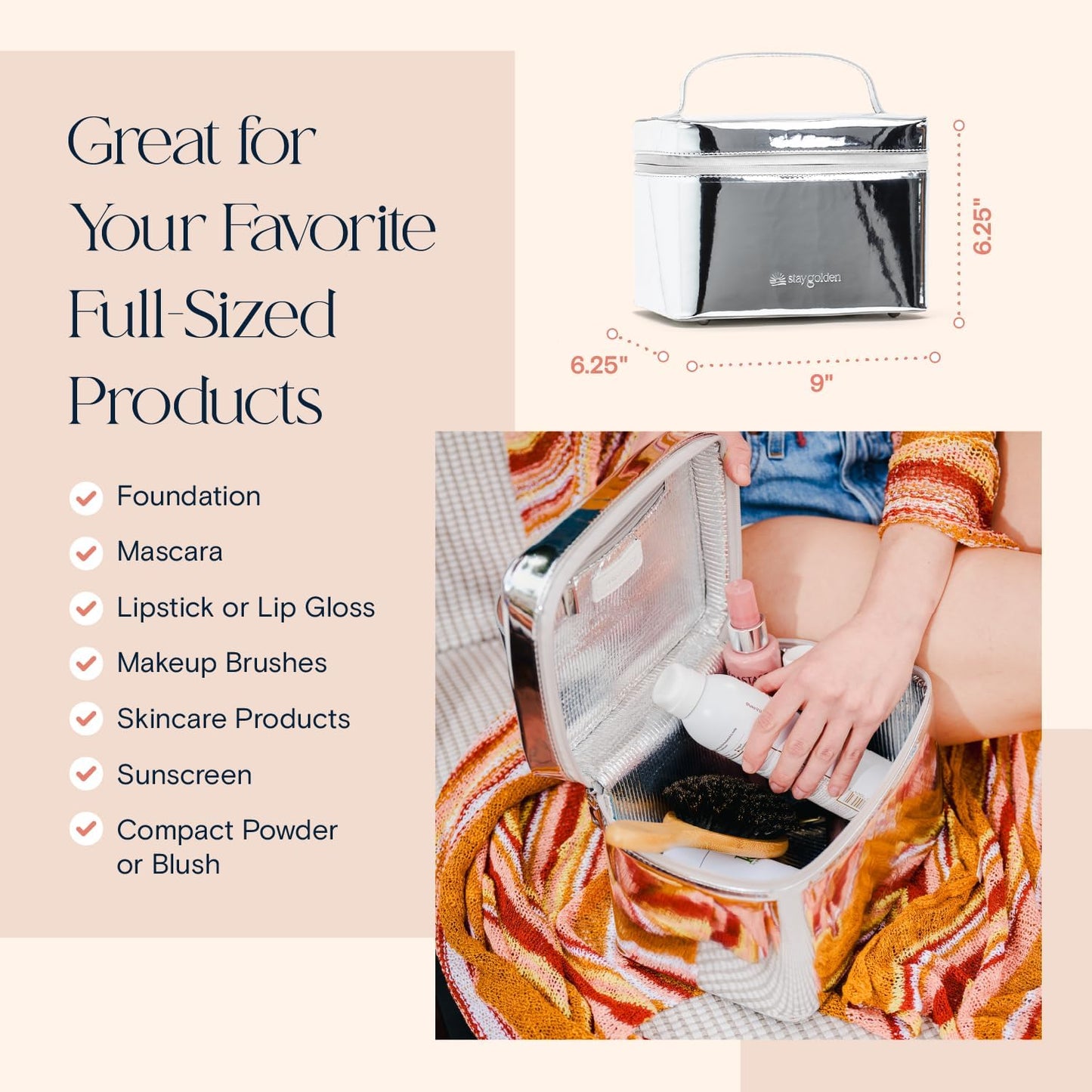 Large Insulated Metallic Silver Travel Makeup Case - Waterproof Vegan Leather Beauty Travel Skincare Bag - Heat-Resistant Zippered Designer Makeup Bag Shields Cosmetics from Melting, Freezing