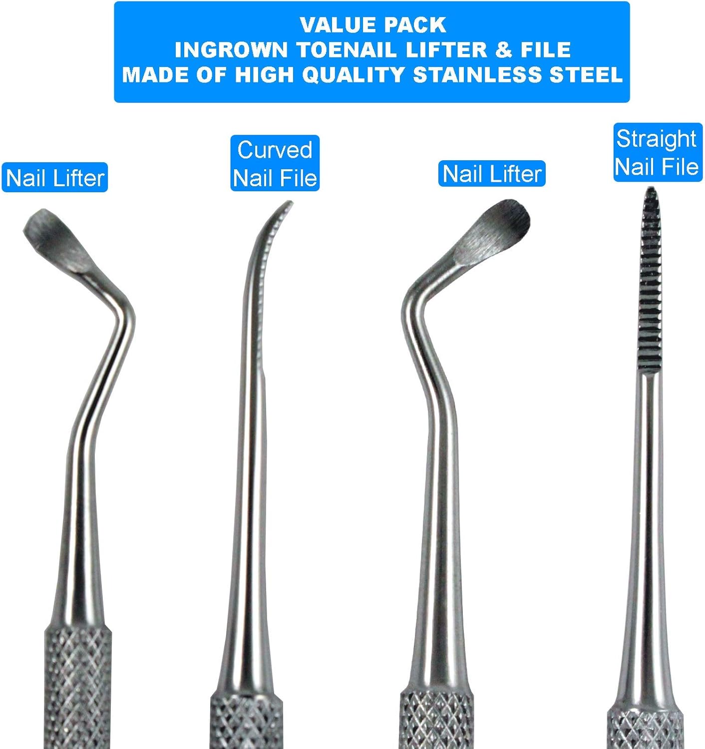 Ingrown Toenail Removal Kit - Under Nail Cleaner Tool Double Ended Nail Lifter & Nail File Cleaning Scooper Curette Tools Trimmer Medical Grade Stainless Steel Manicure Pedicure Nail Care Set by Krisp