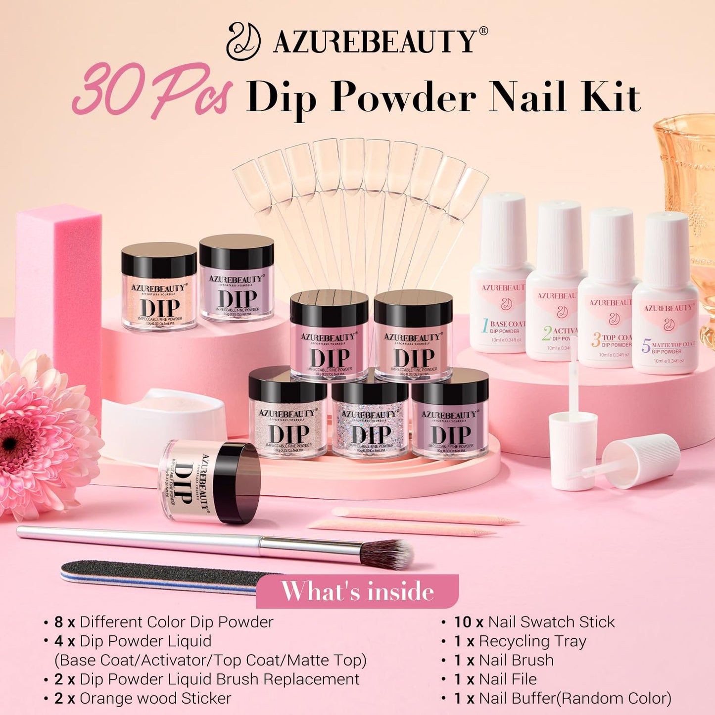 AZUREBEAUTY 30Pcs Dip Powder Nail Kit with Matte Top Coat, 8 Neutral Nude Lilac Colors, Starter Set