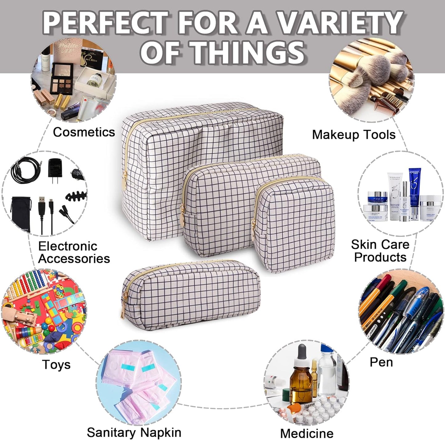 Large Makeup Bag Pouch, Nylon Women Travel Toiletry Storage Bag Checkered Cosmetic Bag for Girls, Big Preppy Makeup Organizer Bag Cute Zipper Pouch Skincare Bag for Sport School Work (Large-Checkered)