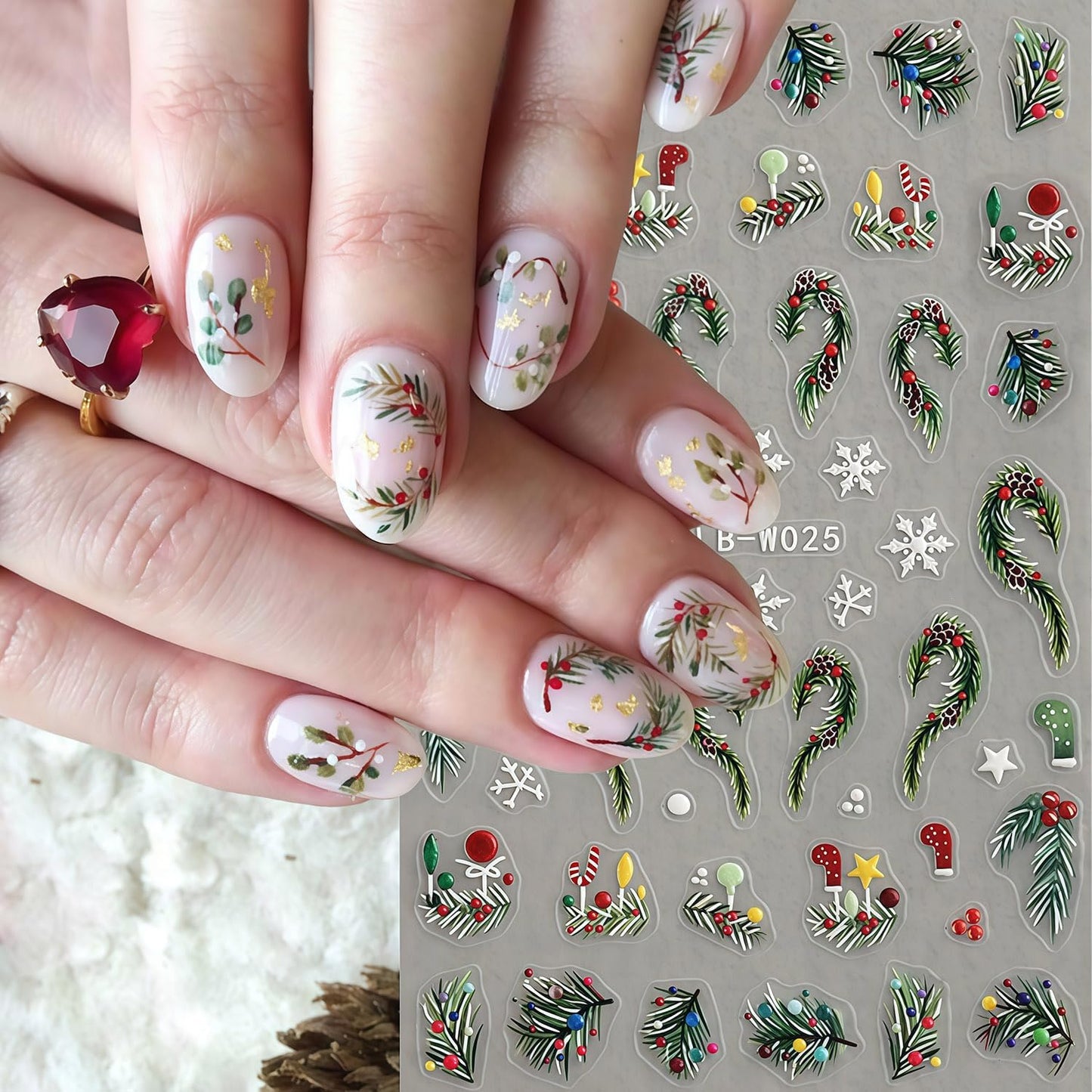 Christmas Nail Stickers 4 Sheets Christmas Nail Art Stickers, 5D Embossed Self-Adhesive Winter Leaves Snowflake Christmas Tree Flower Nail Decals Pattern Design DIY Holiday Nails Decoration for Women