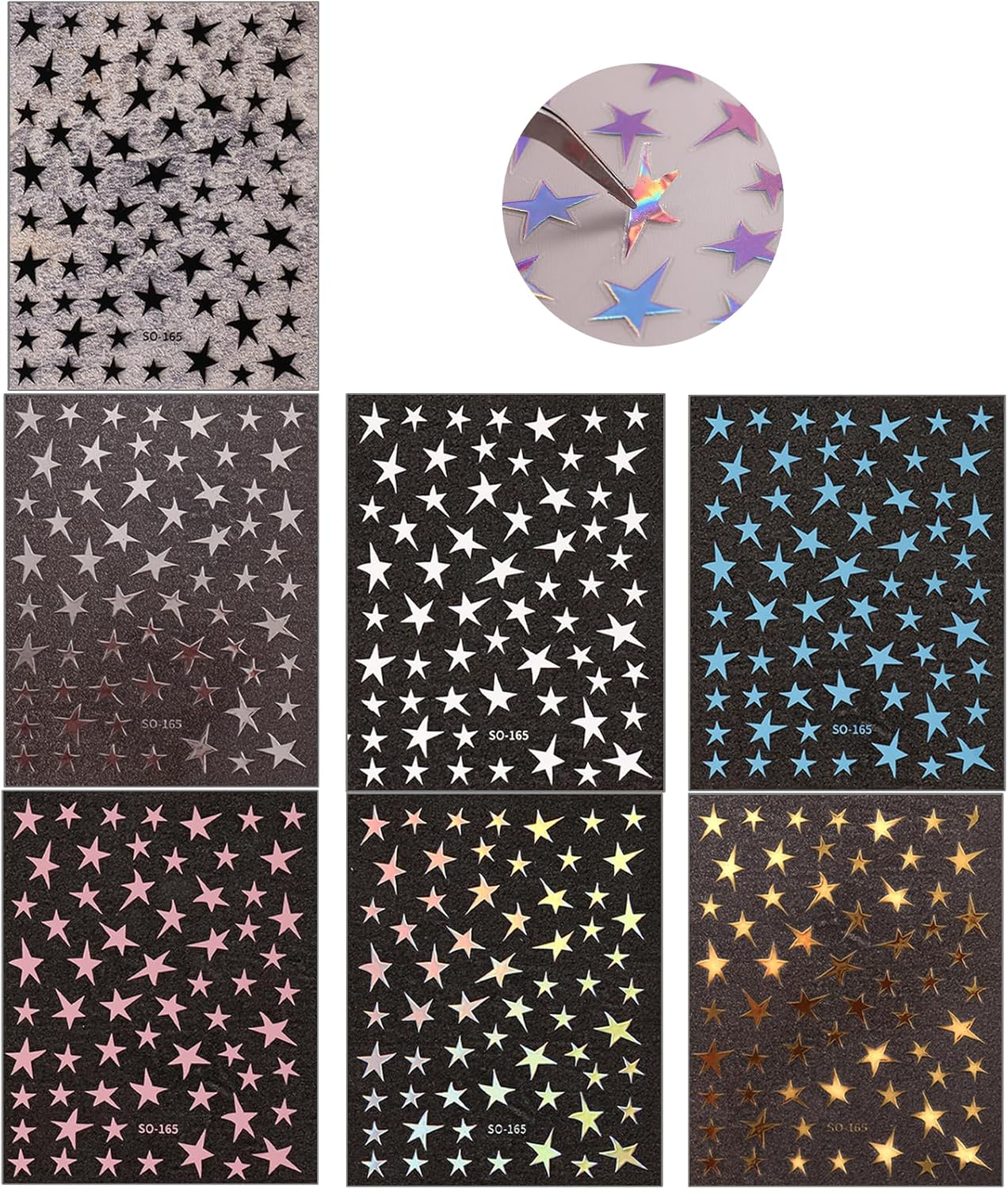 7 Sheets Star Nail Art Stickers - Gold, Silver, White, Black 3D Self-Adhesive Decals for Manicure Decorations - Nail Designs and Supplies for Women