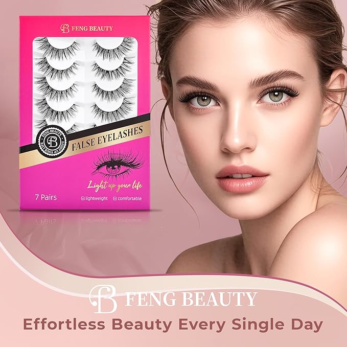 Wispy Lashes - Natural False Eyelashes Strip Lashes with Clear Band for Daily Wear 7 Pairs Cat Eye Lashes 12mm Reusable Fake Lashes That Look Like Extensions
