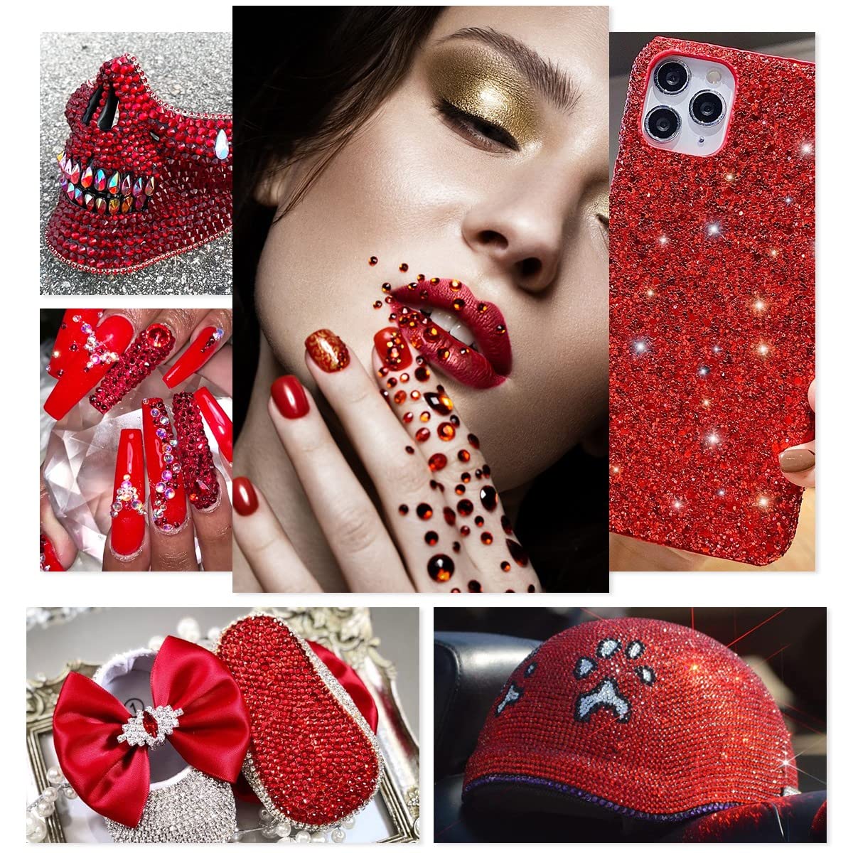 4080Pcs Red Nail Rhinestones Multi Shapes Ruby Rhinestones for Nails 1.5-4mm Crystal Gems Siam Red Round Flatback Beads Glass Stones Diamonds jewels Charms for Nails Face Eyes Makeup DIY Crafts