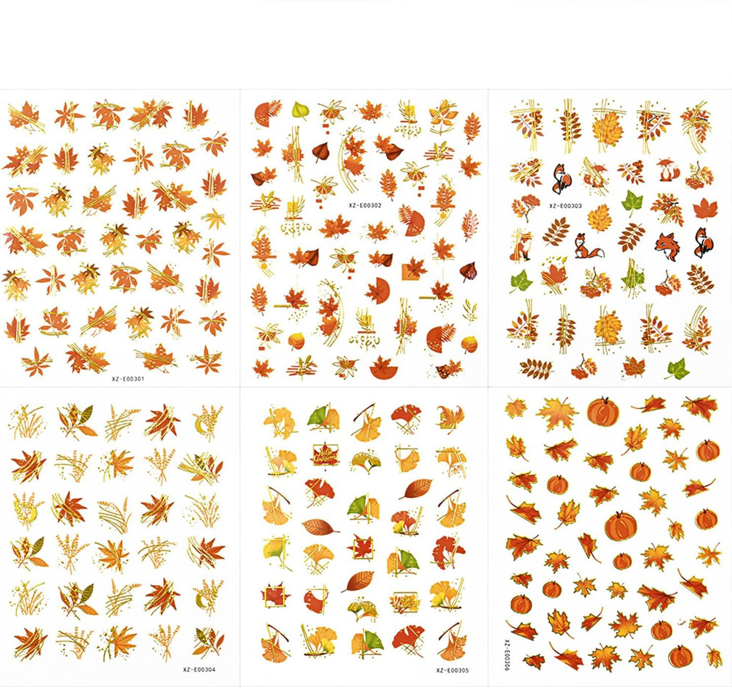 Fall Nail Art Stickers Decals Thanksgiving Maple Leaf Nails Decals Self-Adhesive Autumn Maple Leaves Nails Stickers for Nail Art Decals (6 Sheets)