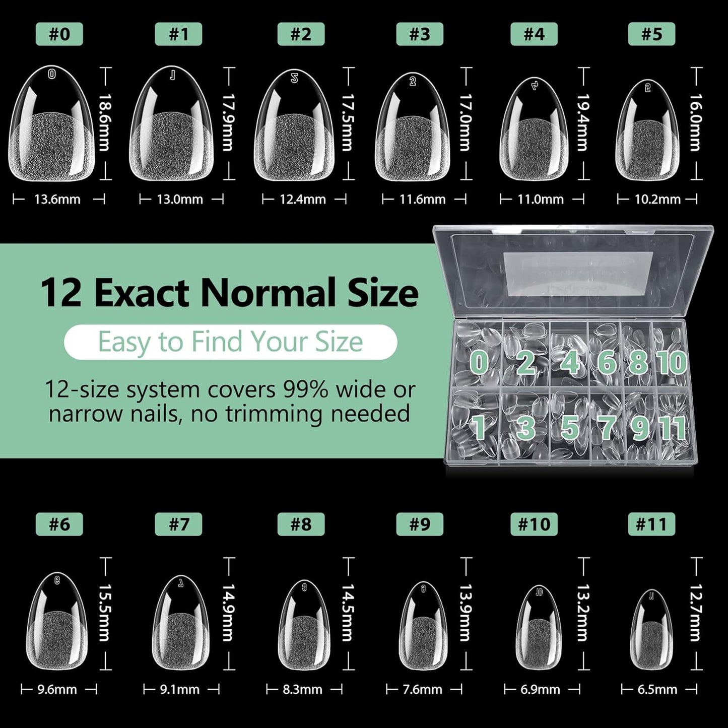 Extra Short Almond Nail Tips, 216pcs Acrylic Soft Fake Nails Gel Nail Tips, Full Cover Pre-Shaped Matte Clear Press on Nails for Extension, Diy at Home Manicure 12 Sizes