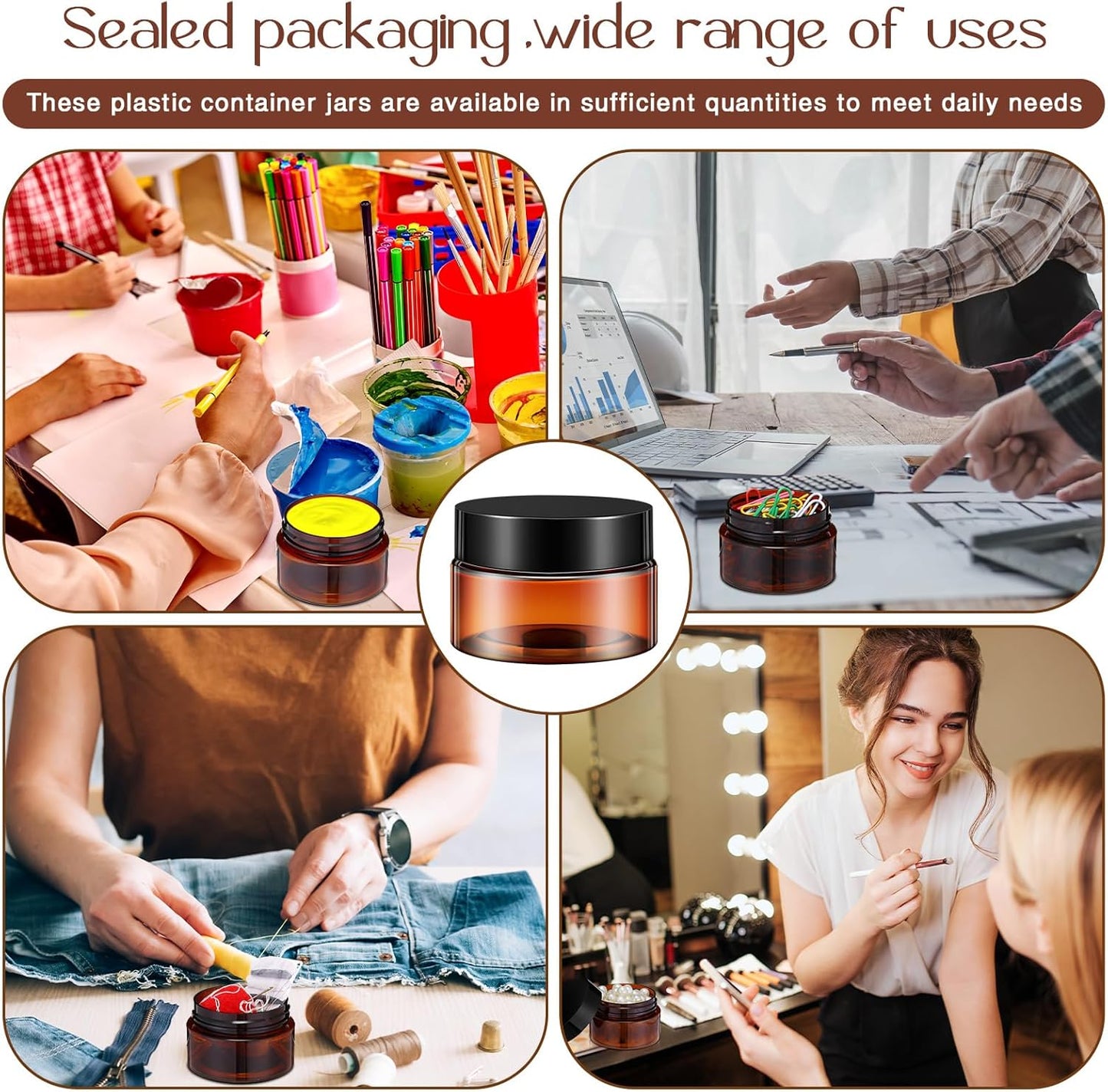 SATINIOR 100 Pcs Plastic Jars with Lids Small Containers Lids Wide Mouth Small Plastic Containers for Lotion Cream Rhinestones Body Butters Travel Storage(1 oz,Amber)