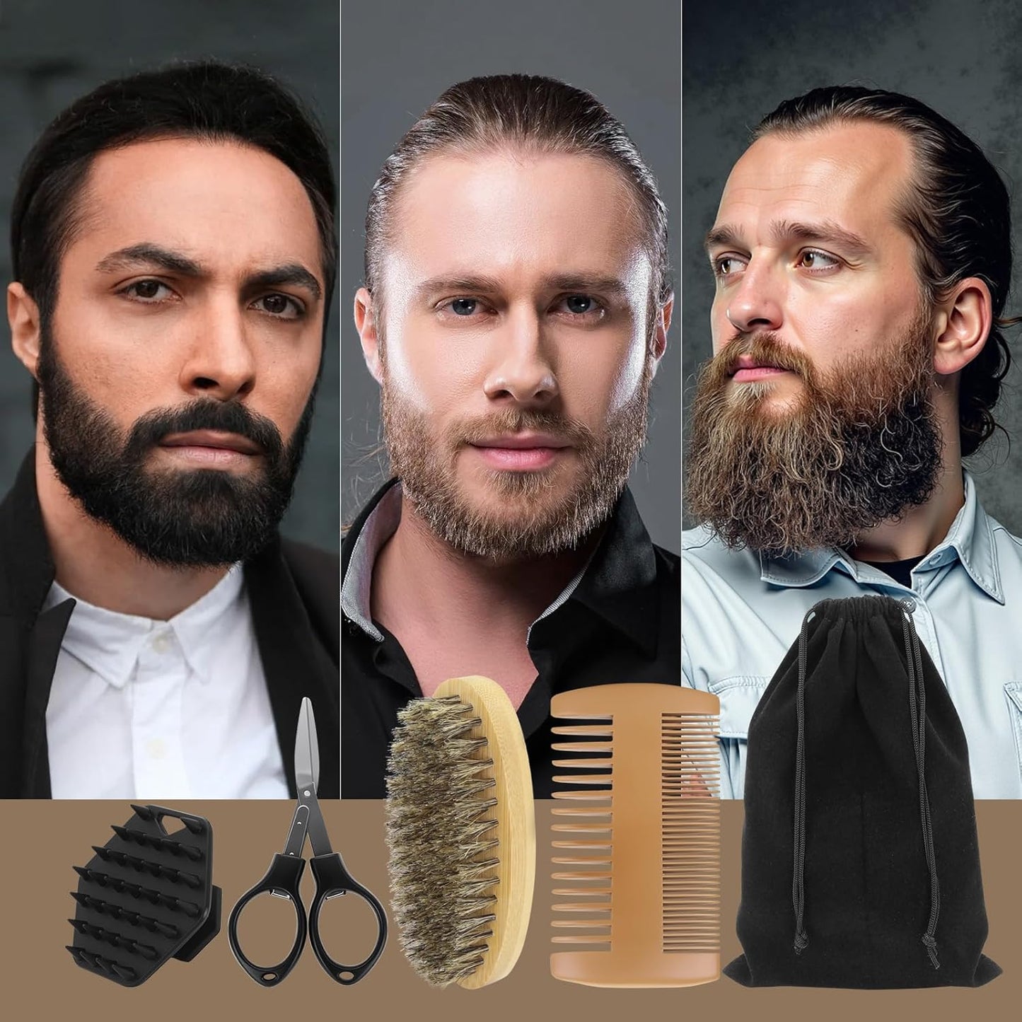 Beard Brush Beard Comb Set for Men, 5 in 1 Facial Hair Grooming Kit with Natural Boar Bristle Beard Brush, Wood Beard Comb, Silicone Soft Cleaning Brush and Mustache Scissors