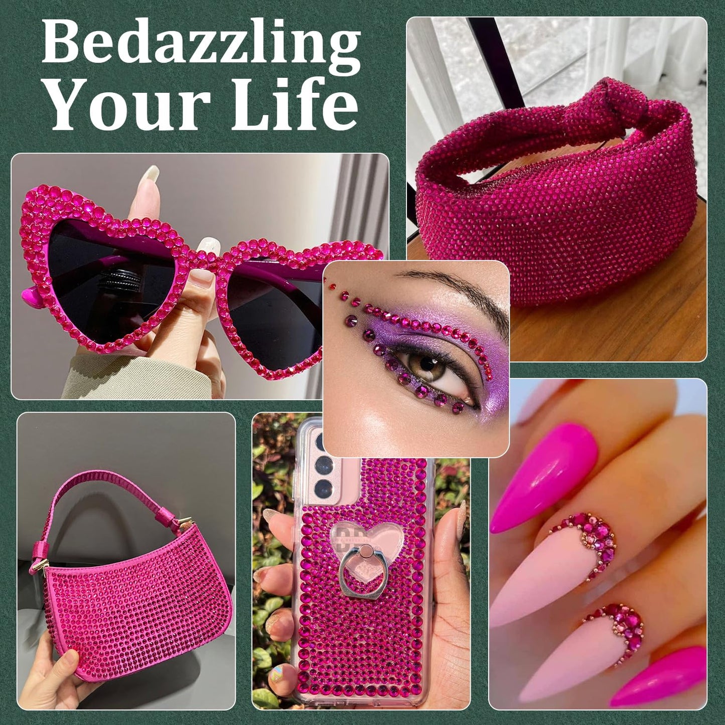 Resin Rhinestones for Crafting with B7000 Jewelry Glue, 2 Boxes Hot Pink Flatback Crystals with 3Pcs 10ml Glue for Bedazzling Crafts DIY Nail Art Makeup,Non Hotfix Gems for Clothing Shoes