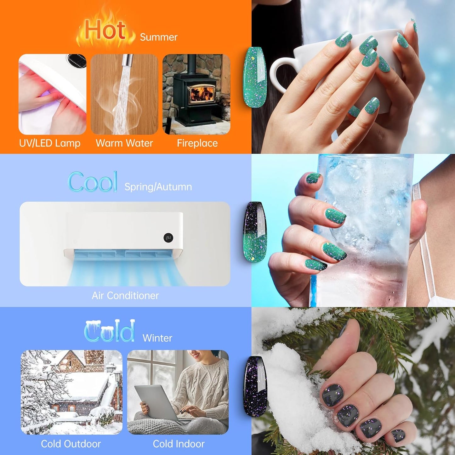 YTD Likomey Brocade Glitter Color Changing Gel Nail Polish,15ml Bright Green To Dark Green Shimmer Mood Temperature Change Colors,Fall Winter Ombre Thermal UV Nail Gel,WB349