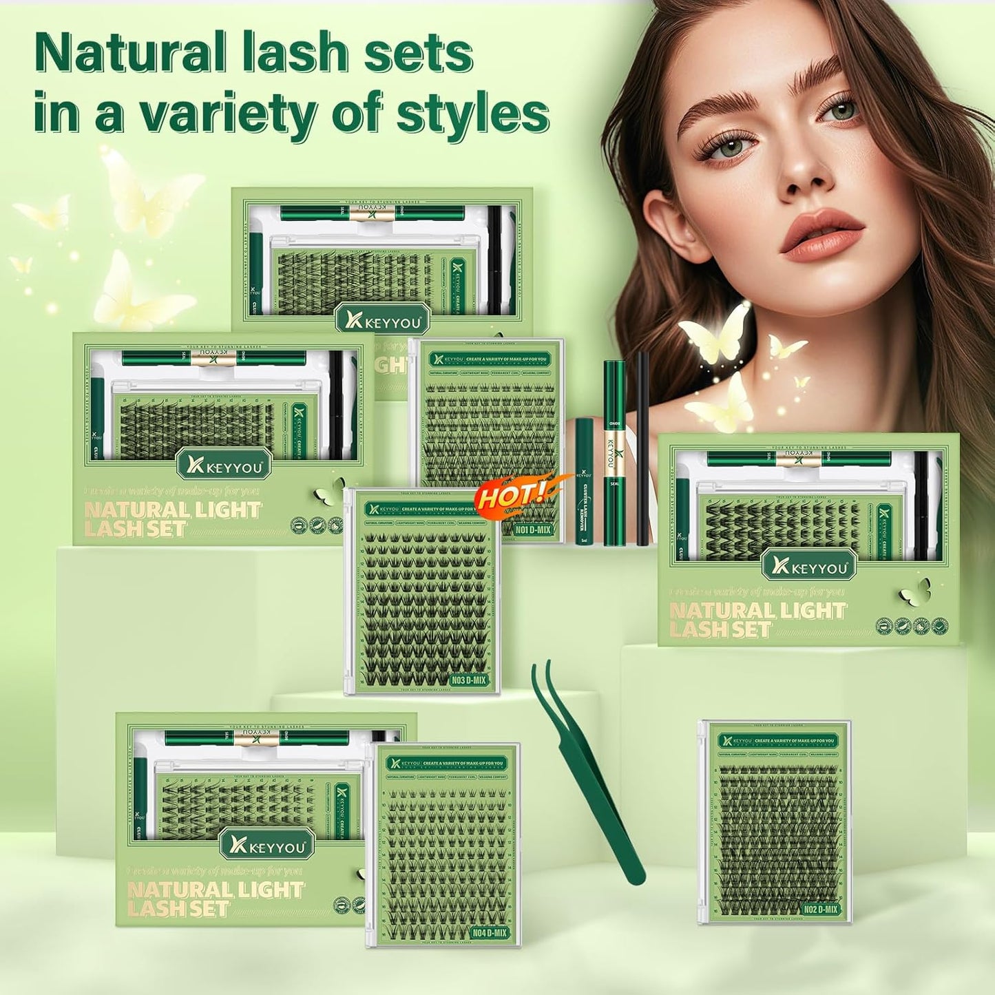 Natural Lash Clusters Kit 144Pcs DIY Lash Extension Kit Wispy Eyelash Extensions Kit D Curl 8-18MIX with Bond and Seal and tweezers with Thin Lash Band by KEYYOU(KIT-N02-D-8-18MIX)