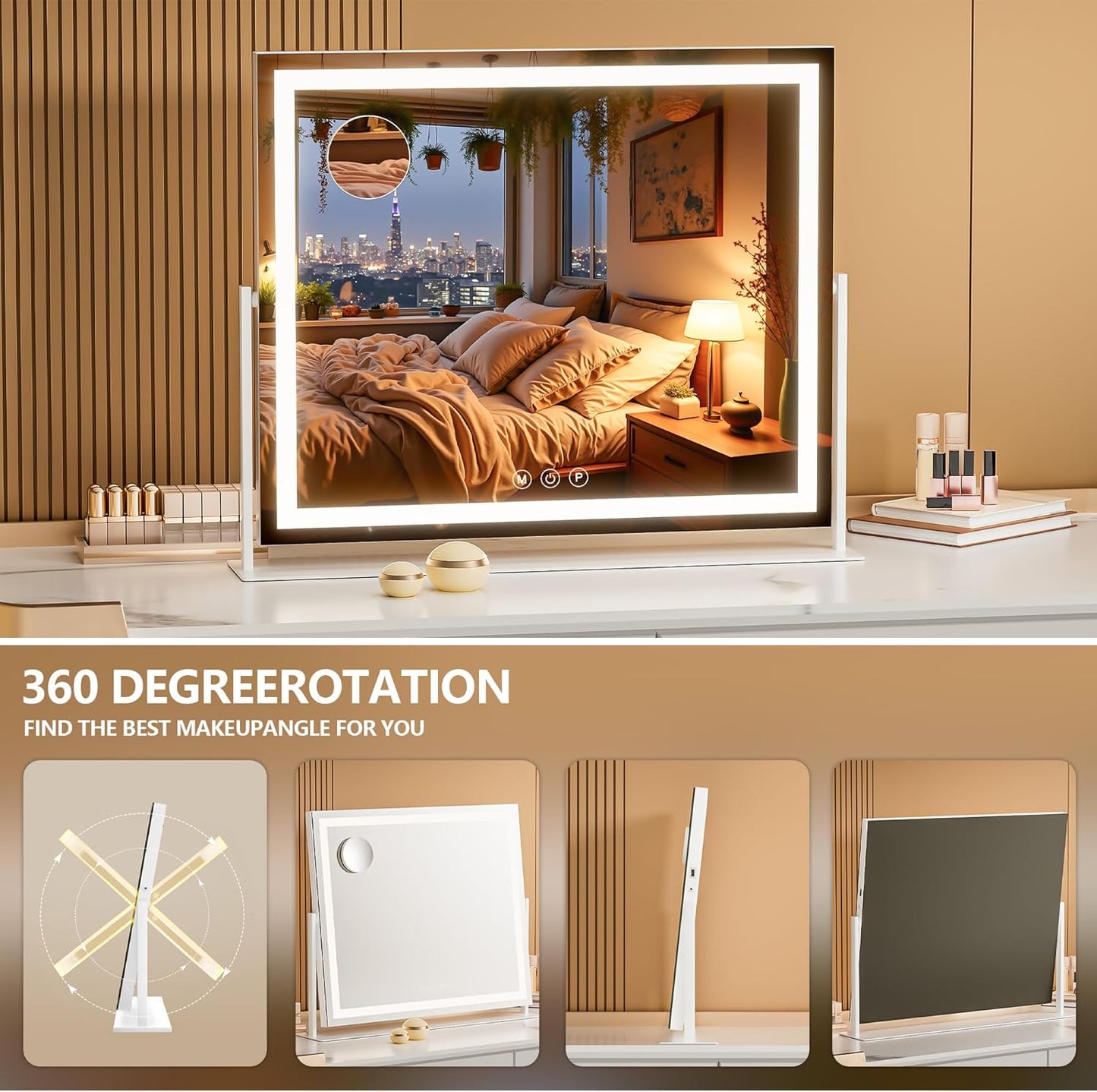 Vanity Mirror with Lights, 30'' x 22'' Lighted Makeup Mirror, Touch Screen with 3-Color Lighting, Dimmable for Vanity Desk Tabletop Square White