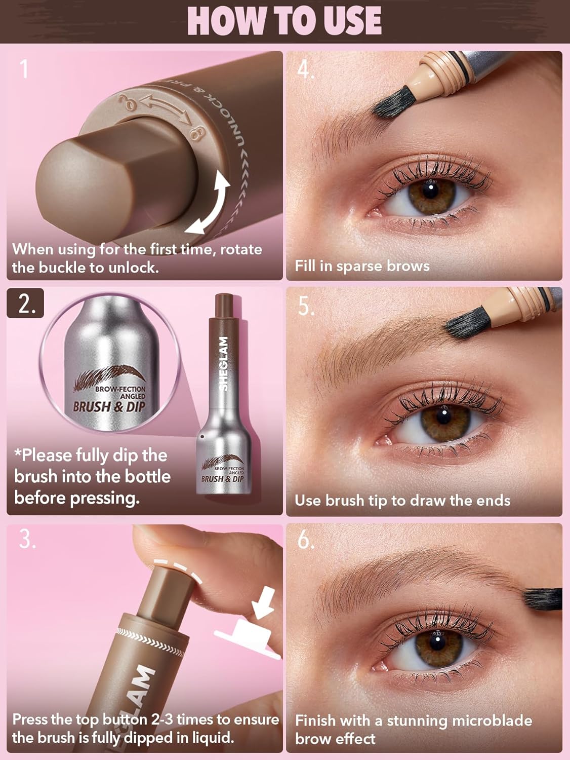 SHEGLAM Brow-Fection Angled Brush & Dip Upgraded Microblading Eyebrow Pen Long Lasting Waterproof Easy To Color-Chocolate