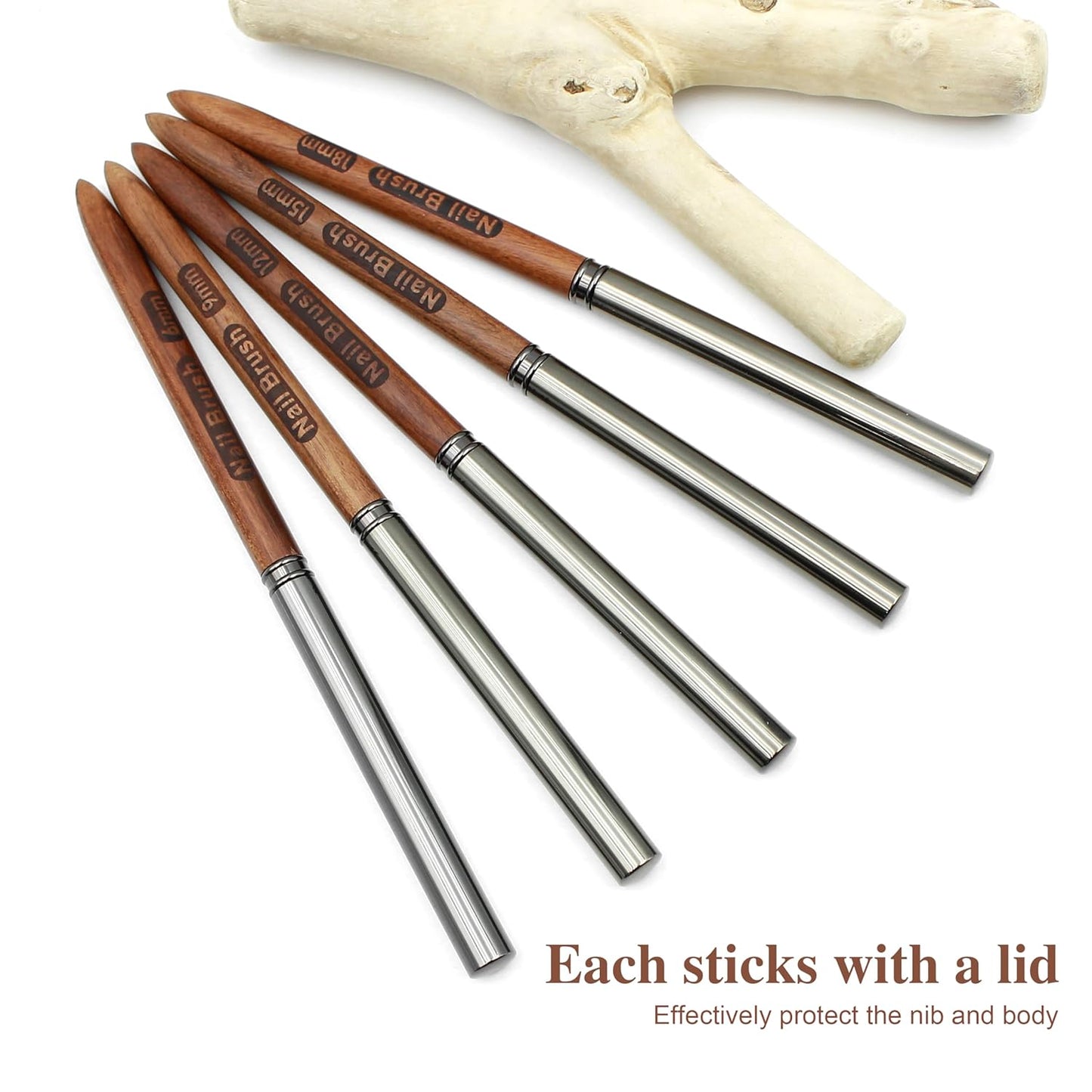 Nail Art Brushes, 5Pcs Wooden Nail Art Liner Brushes,Natural color,Painting Art Design Brush Set Nail Dotting Drawing Tool For Long Lines, Thin Details, Fine Drawing Sizes 6/9/12/15/18mm