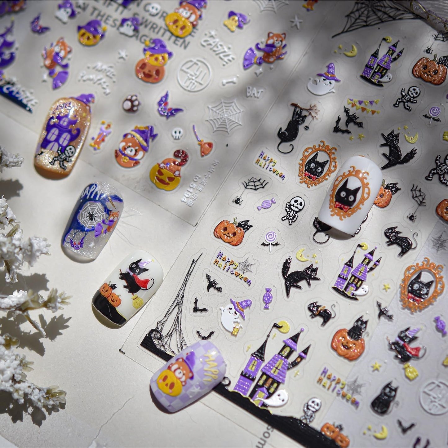 5D Embossed Halloween Nail Stickers Haunted House Ghost Nail Designs Pumpkin Cat Nail Decals 3D Self-Adhesive Skeleton Spider Web Nail Art Decoration for Women Holiday DIY Manicure 1 Sheet
