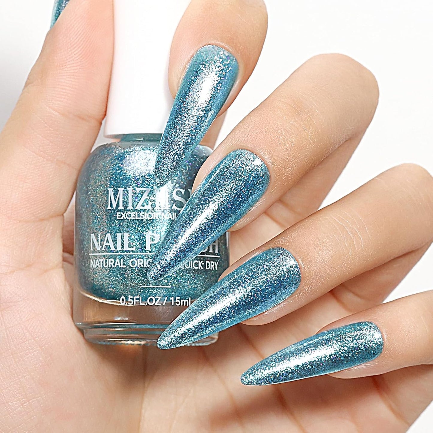 MIZHSE Quick Dry Glitter Blue Nail Polish, Fast Drying Nail Polish, 15ml High Glossy Sparkly Shiny Shimmer Nail Lacquer Nail Art Salon Manicure Home