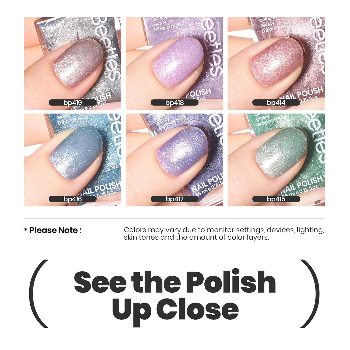 Beetles Glitter Nail Polish Set 6 Colors Glitter Fairy Gleam Quick Dry Nail Polish Shimmer Pink White Green Blue Purple Nail Lacquer Kit Fingernail Polish Diy Nail Art Gift For Women Girls