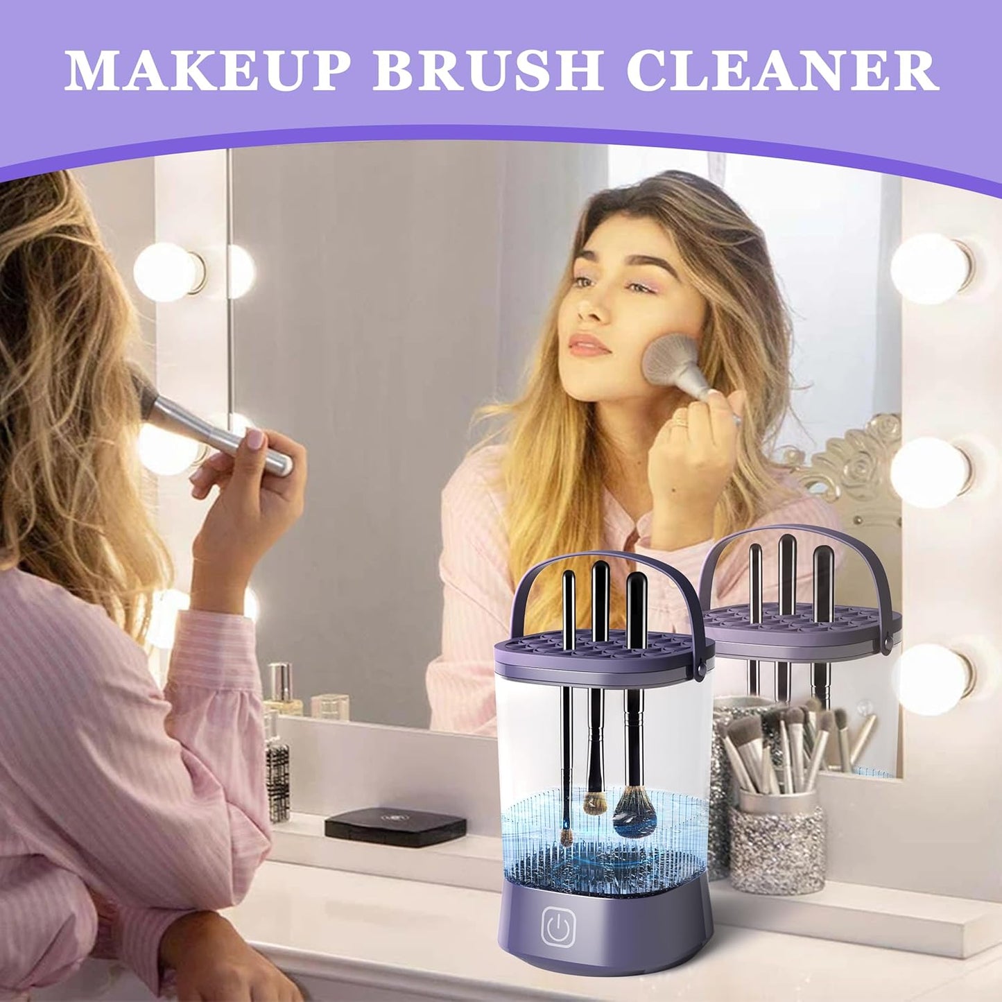 Electric Makeup Brush Cleaner Machine, Automatic Spinning Make up Brush Cleaner with 1200 mAh Rechargeable Battery, Portable Cosmetic Brush Cleaner Dryer Tool for All Size Makeup Brush (Purple)