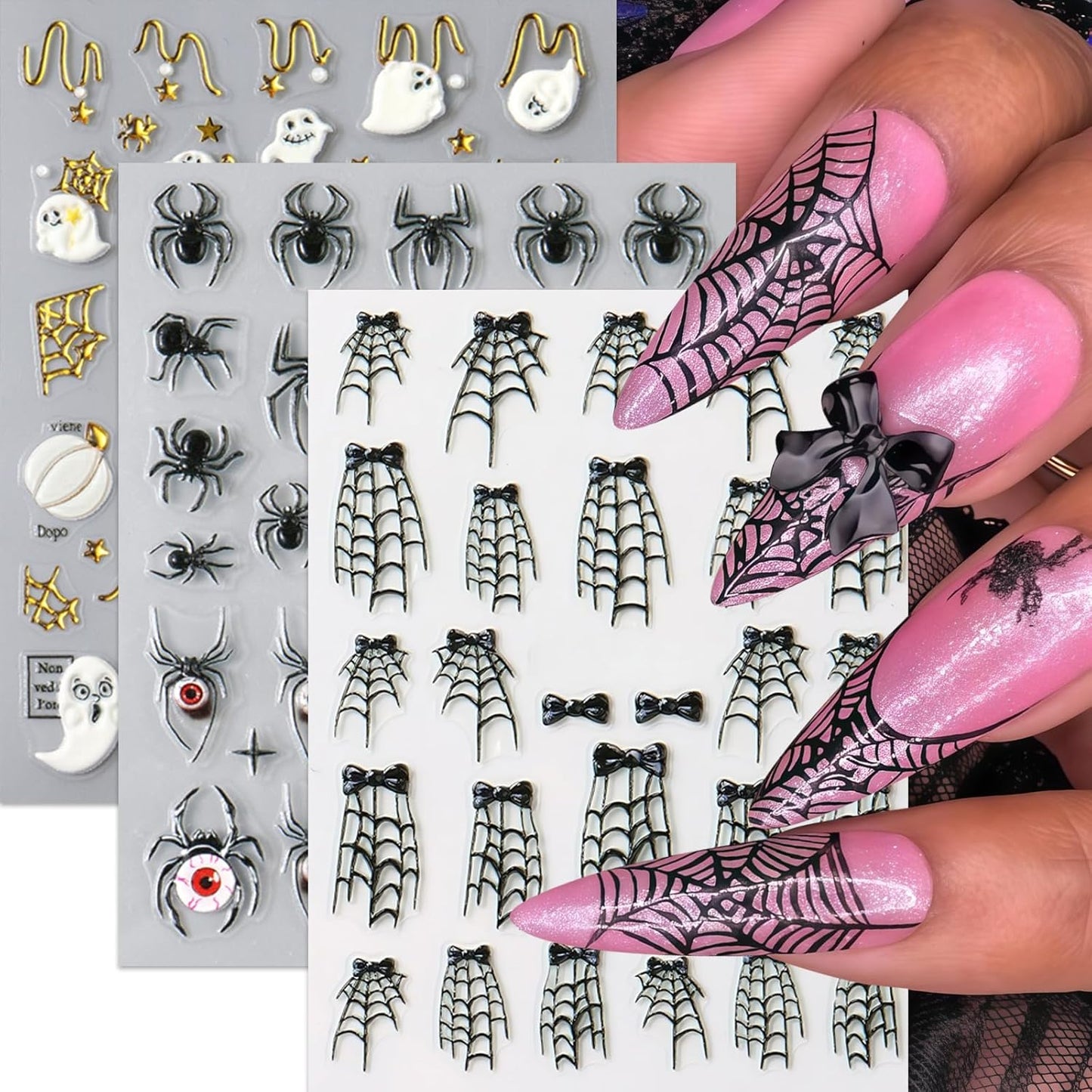 3 Sheets Halloween 5D Embossed Cute Ghost Nail Stickers Self-Adhesive Spider Web Spiders Nail Decals Horror Eyes Spider Nail Art Supplies Nail Accessories for Women Acrylic Manicure Holiday Supplies