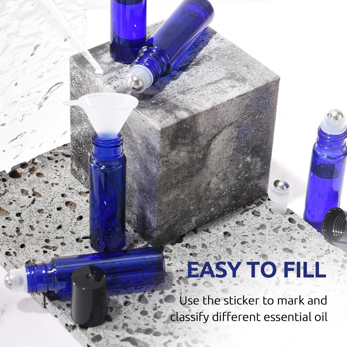 8 Pack, Essential Oil Roller Bottles, 10ml Blue Glass Roll on Bottles with Black Lids, Stainless Steel Roller Ball, Opener, Pipettes, Funnel, 8 Stickers, Refillable Container for Perfume