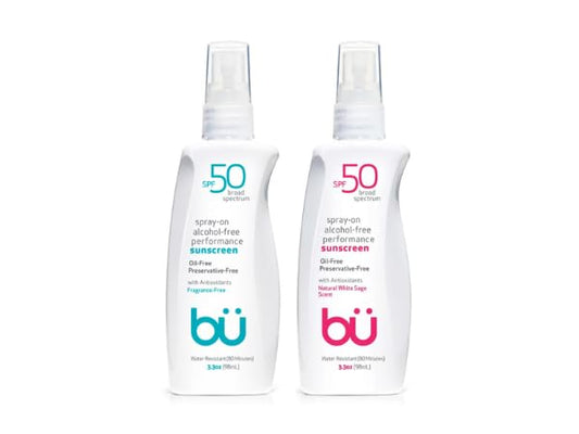 BU Sunscreen SPF 50, Fragrance Free & White Sage, 3.3 oz Sunscreen Spray for Face & Body Duo– Broad Spectrum, Water Resistant