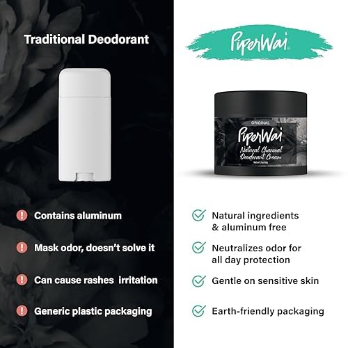 PiperWai Natural Deodorant Cream w/Activated Charcoal | 24-Hour Sweat Protection, Vegan, Aluminum Free Deodorant for Women & Men | Travel Essential Shark Tank Product | 2 oz Scented Single Jar