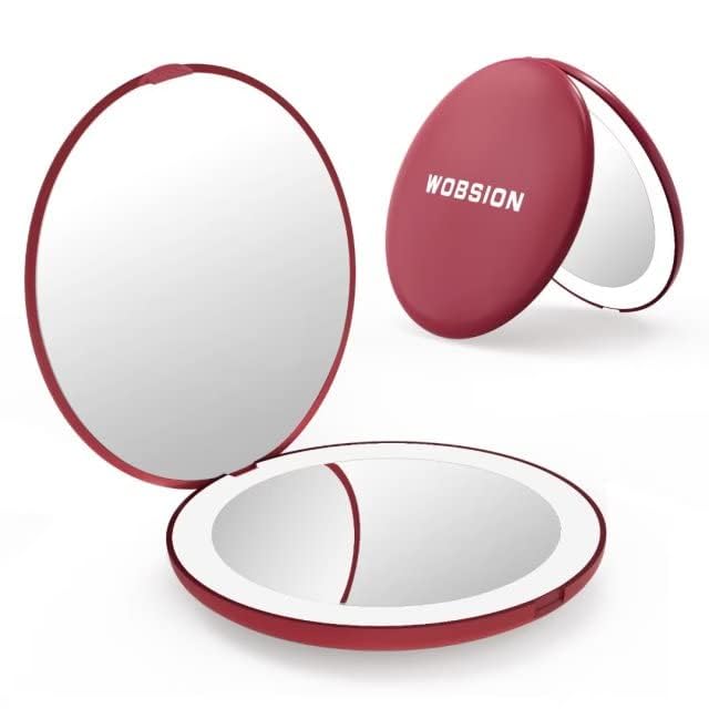 WOBSION Travel Compact Mirror,Portable 1x/10x LED Makeup Mirror with Magnification,Handheld 2-Sided Pocket Mirror, 3.5in Small Mirror for Purse,Handbag,Gift,Wine Red