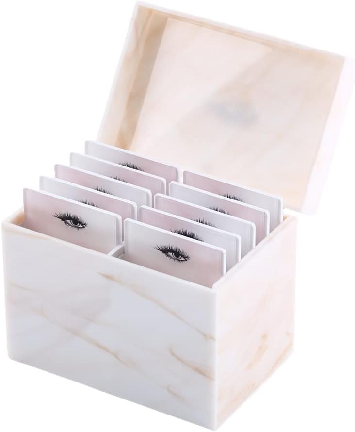 10 Layers Acrylic Eyelash Storage Box, Makeup Eyelashes Extension Close-Packed Display with 10 Pallets, Grafting False Eyelashes Glue Pallet Holder Display Organizer (Marble Yellow)