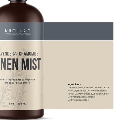 DRMTLGY Natural Lavender Linen Mist and Room Spray. Pure Lavender Essential Oil and Chamomile Pillow Spray, and Fabric Aromatherapy Spray, 8 oz