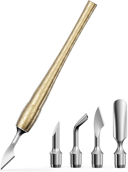 FERYES 4-in-1 Cuticle Pusher Tool-Curved/Smooth/Chisel/Horseshoe Heads + Thread-Lock Handle for Secure Salon Manicures