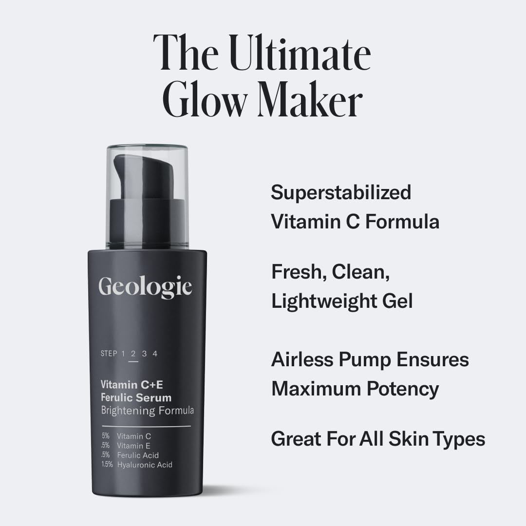 Geologie Vitamin C+E Ferulic Acid Face Serum | Brightening & Firming Anti-Aging Gel Formula | 5% Light-Protected & Stabilized Vitamin C , 0.5% Vitamin E, 1.5% Hyaluronic Acid | 30 ML