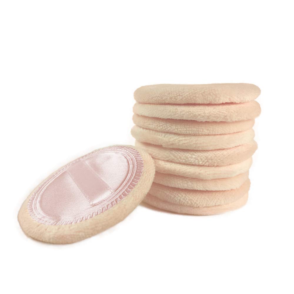 10pcs Powder Puff Cotton Cosmetic Face Makeup Powder Puffs Pads with Ribbon for Loose and Foundation 2.36 inch. (Beige)