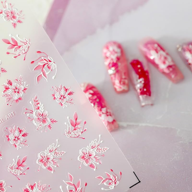 Pink Flowers Nail Art Stickers 5D Embossed Self Adhesive Nail Decals Spring Summer Nail Stickers for Nail Art Flower Nail Design Decoration Accessories for Women and Girls