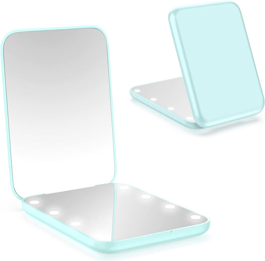 WOBSION Small Mirror with Lights,LED Compact Makeup Mirror,1x/3x Mini Travel Mirror with Magnification,Portable for Purse,Pocket,Gifts for Girls,Cyan