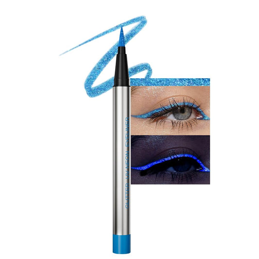 evpct Blue Shimmer Eyeliner UV Neon Gel Eyeliner Pencil Makeup, Rainbow Halloween Colored Colorful Gel Eye Liner Pen Glow in Dark Makeup, Long Lasting Waterproof Eyeliners for Face Body Painting