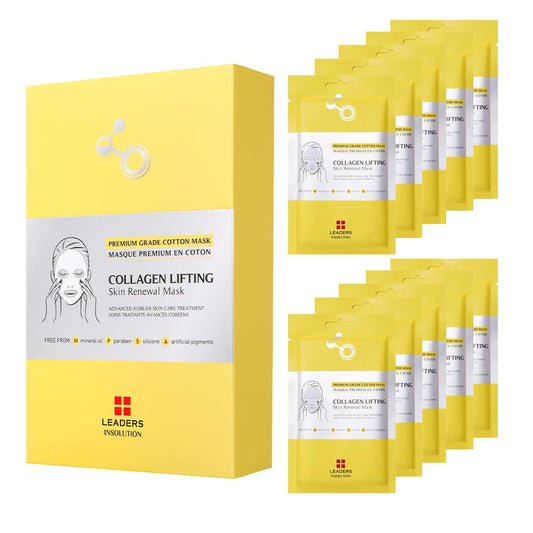 Leaders Insolution Collagen Lifting Skin Renewal Mask | Marine Collagen for Firmness and Elasticity Anti-Wrinkle, Sculpting Facial Sheet | Hydrating Serum for Smooth Skin (10 Sheets)