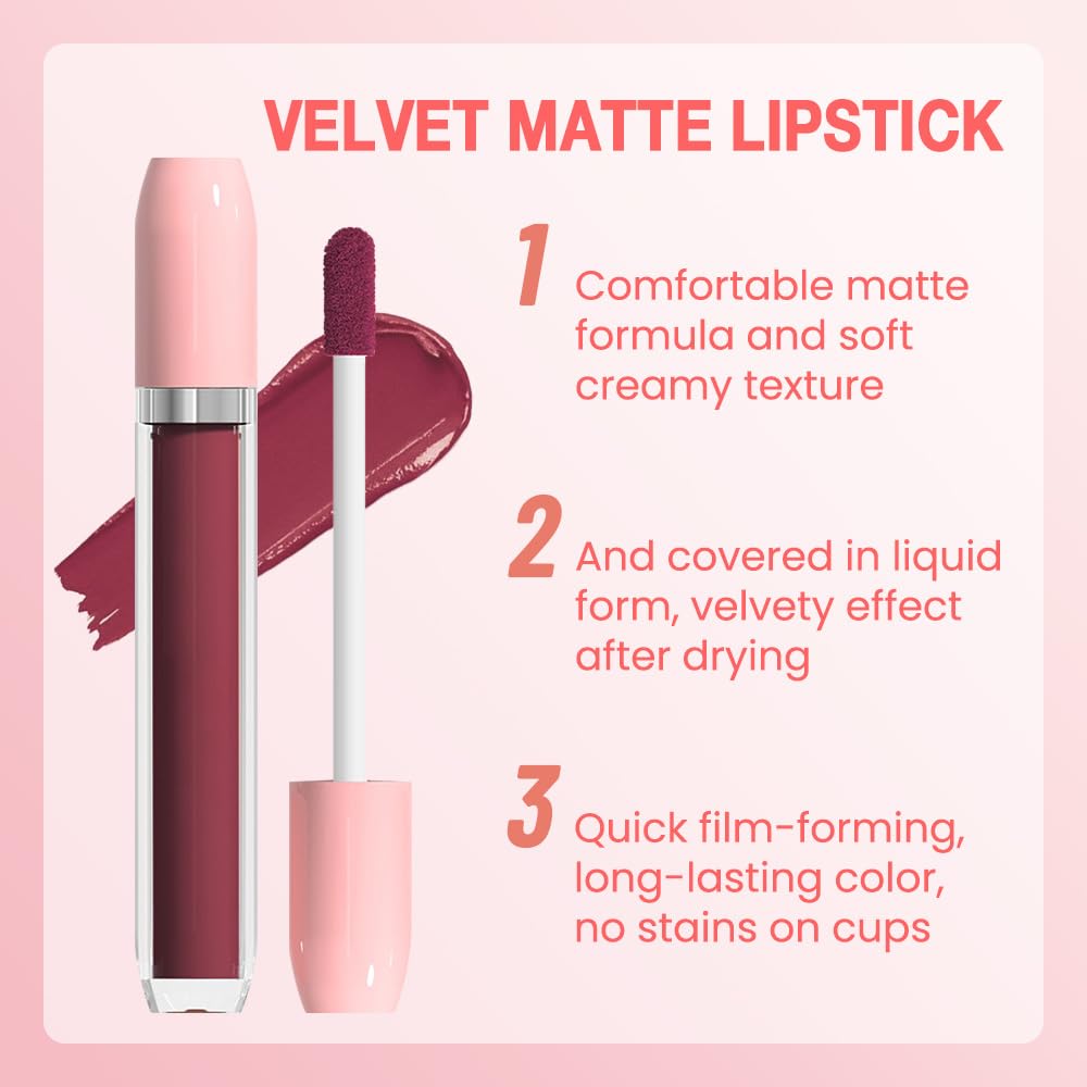 BINGBRUSH Super Matte Longwear No-Budge Stay On Smudge Proof Liquid Lipstick Long Lasting Makeup for Women,Highly Pigmented Color and Instant Shine, Cheeky