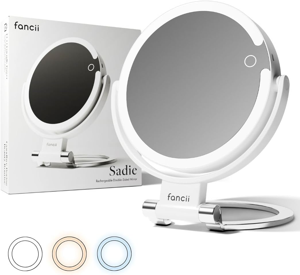 Fancii Travel Magnifying Mirror 10x /1x with Lights, Rechargeable | 9-Inch Extra Large LED Lighted Makeup Mirror, Folding Double Sided Portable Vanity Mirror, 3 Light Settings, Touch Sensor (Sadie)