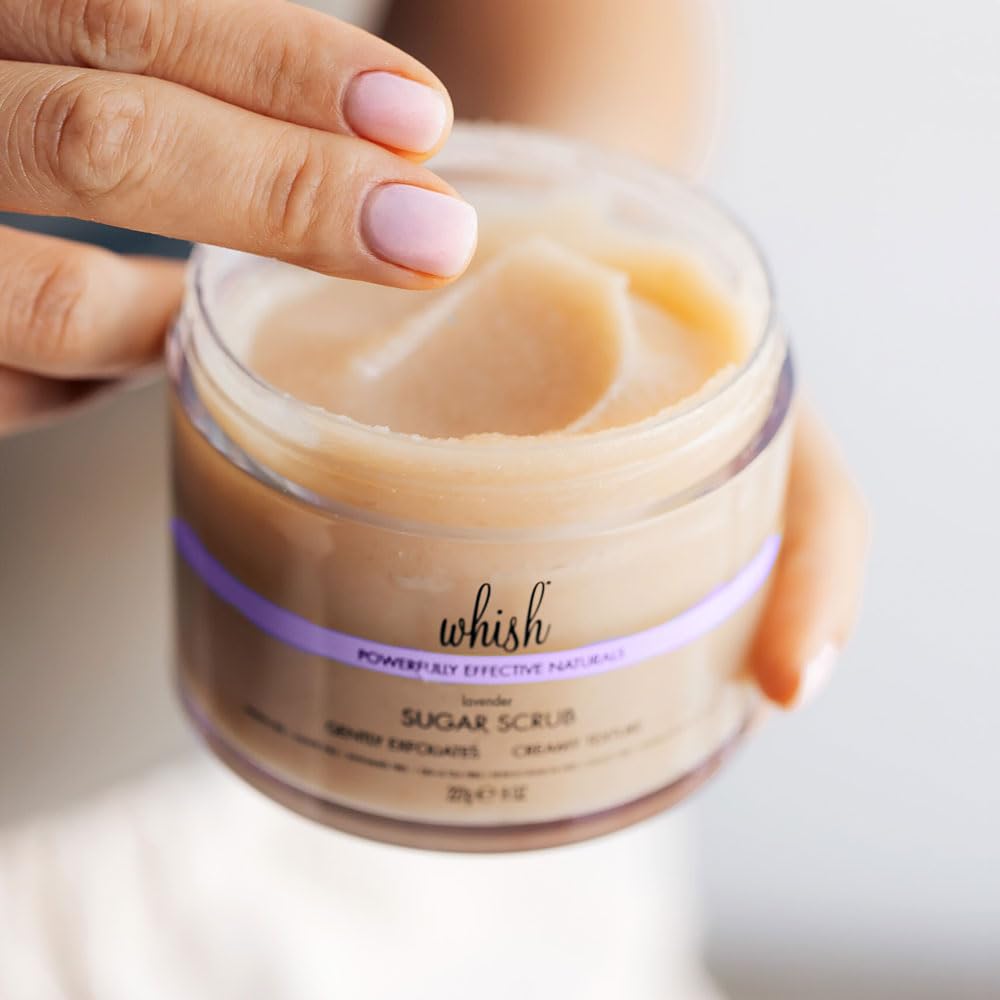 Whish Beauty Lavender Exfoliating Sugar Scrub - Body Scrub for Women - Brown Sugar Exfoliator with Raspberry, Aloe, & Shea Butter - Gentle on All Skin Types - Paraben & Sulfate Free - 8 oz