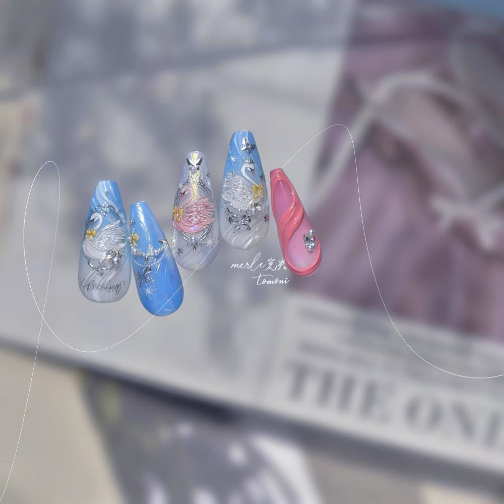 1 Sheet Swan Nail Stickers 5D Embossed Pink Animal Print Nail Art Stickers Self-Adhesive Yellow Bow Nail Decals Silver Butterfly Nail Designs Pearl Frame Nail Art Decoration for Women Manicure