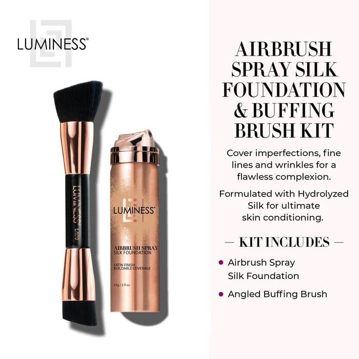 LUMINESS Silk Airbrush Spray Foundation & Buffing Brush Kit – Full Coverage Foundation & Dual-Sided Buffing Brush - Buildable Coverage, Anti-Aging Formula Hydrates & Moisturizes (Shade - Warm)