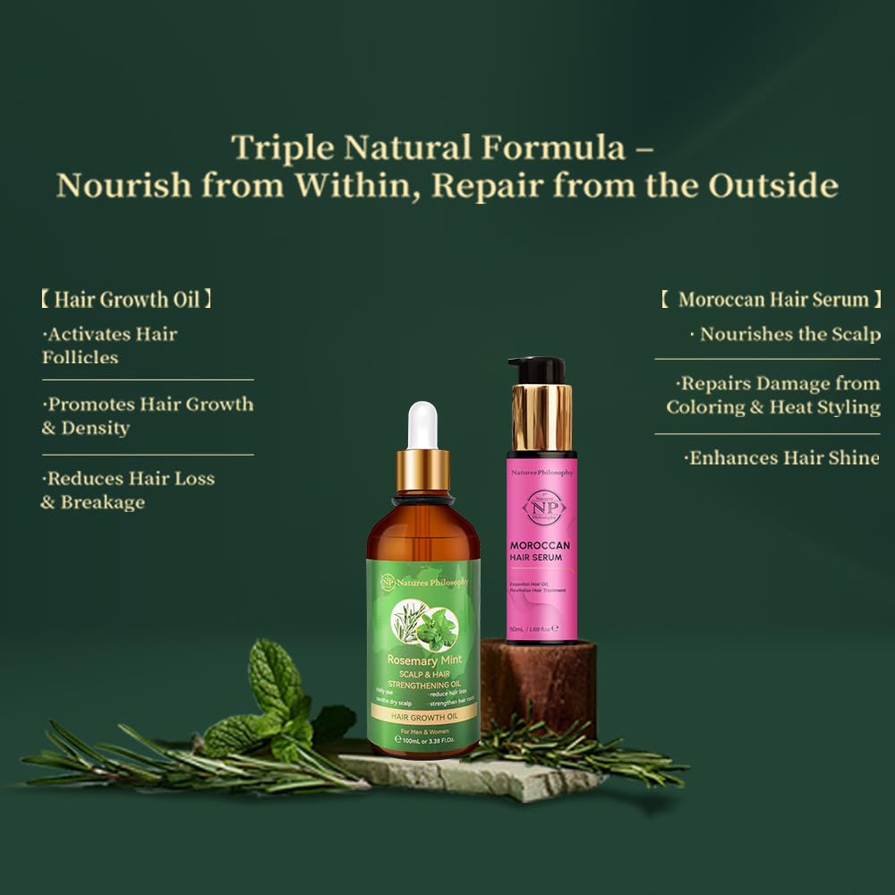 NP NATURES PHILOSOPHY Moroccan Argan Oil & Rosemary Hair Growth Oil Set, Organic Hair Serum, Anti-Frizz, Anti-Hair Loss, Adds Shine, Quickly Absorbed & Non-Greasy, Aussie Hair Products for Men & Women